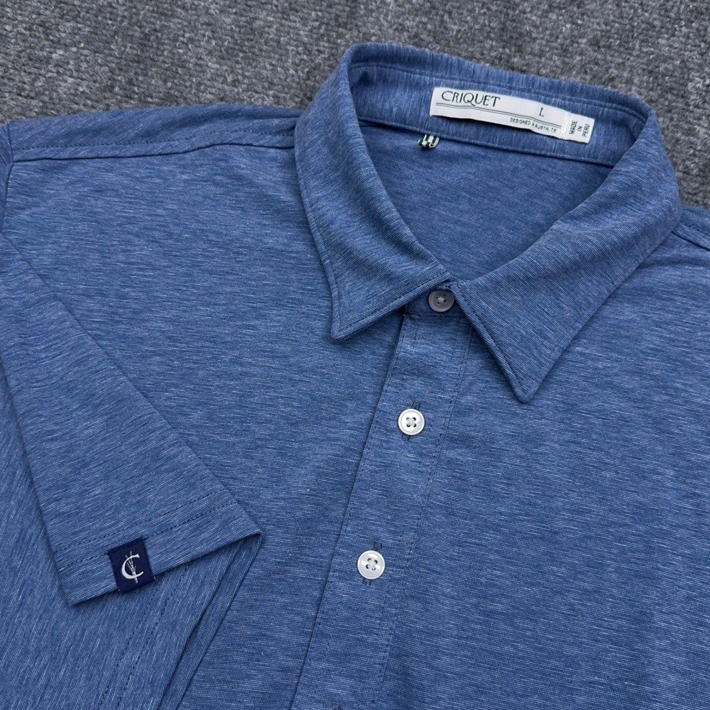 Criquet Easy Knit Players Polo Shirt Men's Large Heather Blue Short Sleeve Golf